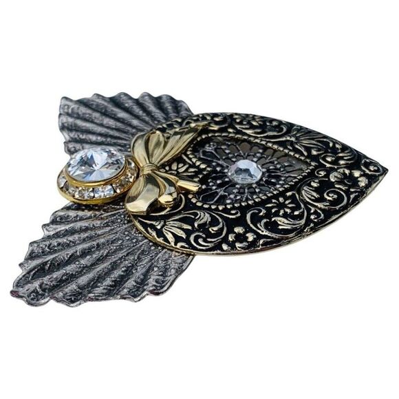 Vintage Jane Crystal Glass Large Gold Silver Tone Angel Heart Paisley Brooch - Picture 3 of 6